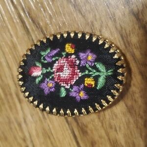 Vintage Petit Point Hand Embroidered Brooch Pin Micro Needlepoint Floral Gold